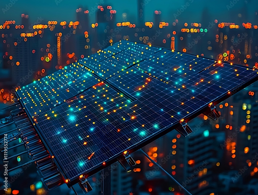 Poster glowing rooftop solar panel array connected to smart grid with real time energy data streams