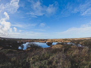 Coastal dunes, rich in birds, with marked hiking and cycling trails, plus a nature center in Netherlands. Typical Dutch landscape near the sea with beautiful paths for walking