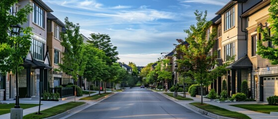 Fototapeta premium A beautiful neighborhood with symmetrical houses and tree-lined street, under a clear blue sky, radiating peace and community charm.