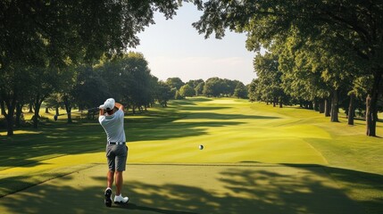 Fototapeta premium A golfer swings on a sunny course, showcasing skill in a serene outdoor environment.