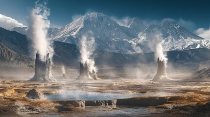 A desolate landscape with three volcanoes spewing smoke and steam. The mountains in the background are covered in snow