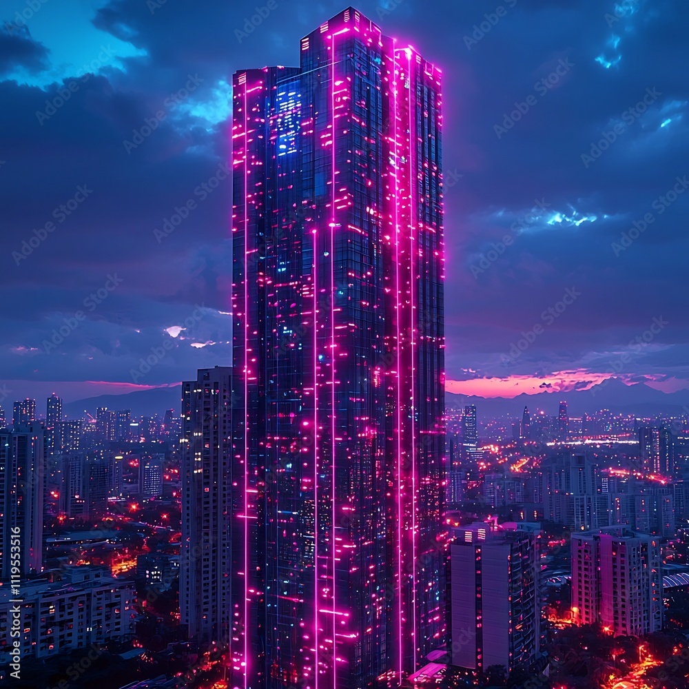 Poster futuristic skyscraper with smart grid interface glowing on the facade displaying energy usage and ca