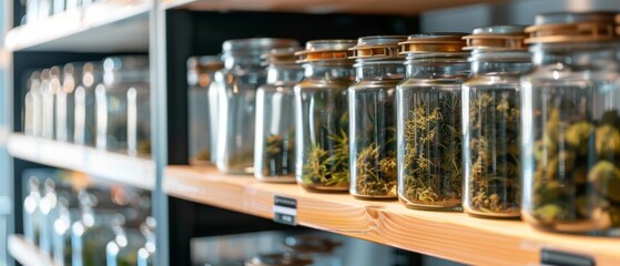 Rows of glass jars line rustic wooden shelves, filled with neatly organized herbs, conjuring a sense of natural living and methodical arrangement.