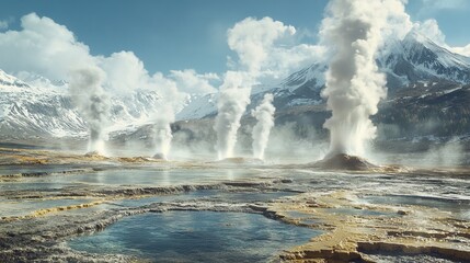 A landscape with a large body of water and a mountain range in the background. The water is surrounded by a brown area, and there are three large geysers spewing steam and water into the air