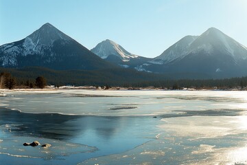 Snow-capped mountains reflect in a frozen lake under a clear sky.