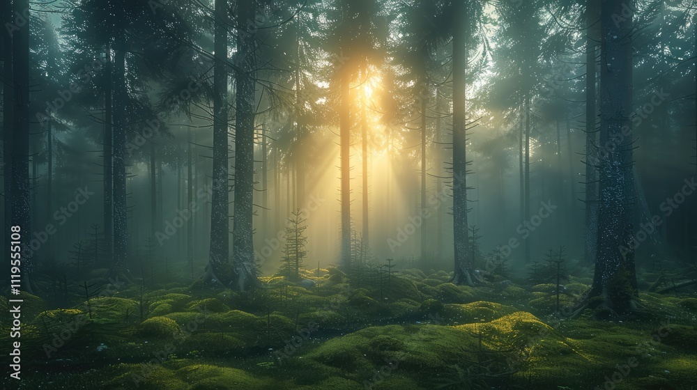 Poster a mystical forest at dawn, tall pine trees shrouded in fog, soft diffused light, sun rays breaking t