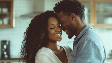 Fototapeta premium Joyful Couple in Modern Kitchen: Smiling, Embracing Love and Togetherness, Celebrating Happiness and Connection in a Warm, Playful Home Environment