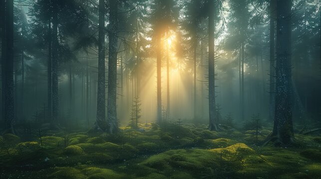 A mystical forest at dawn, tall pine trees shrouded in fog, soft diffused light, sun rays breaking through the trees, lush mossy ground, calm and mysterious atmosphere. - Powered by Adobe