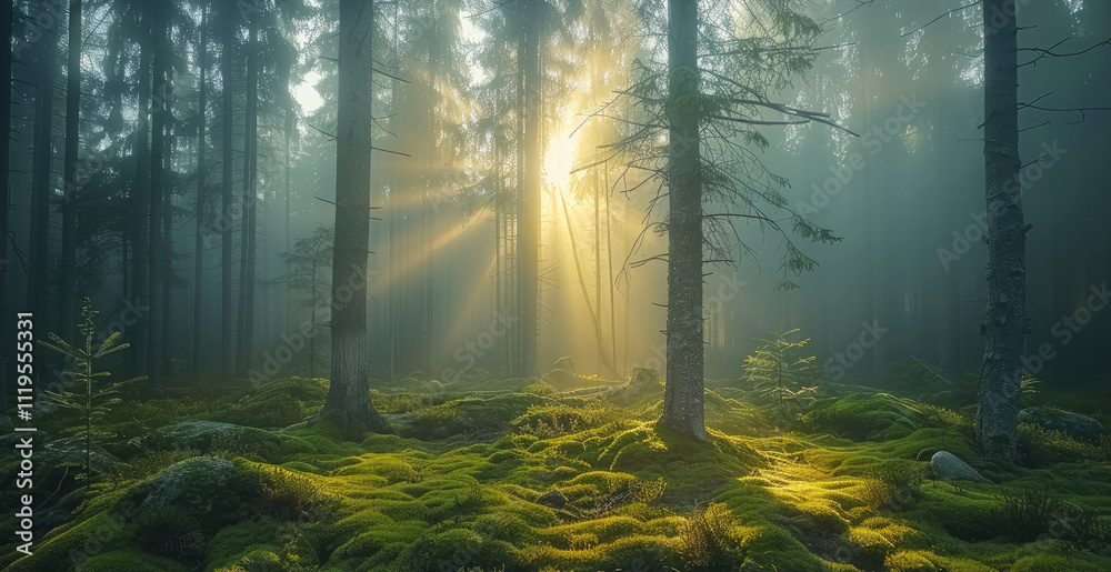 Poster a mystical forest at dawn, tall pine trees shrouded in fog, soft diffused light, sun rays breaking t