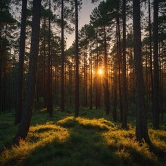 Obraz premium A sunset in an open glade surrounded by towering pines.