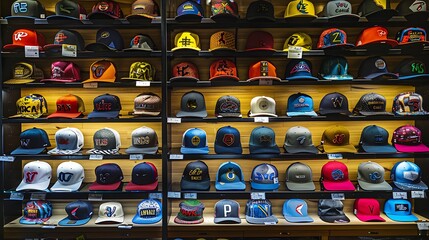 Vibrant assortment of caps on display in a store throughout the entire day