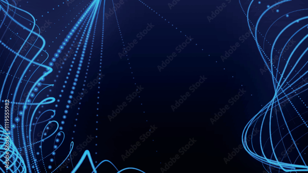 Poster dynamic wave of glowing particles. abstract dotted lines on dark background. chaotic colored lines. 