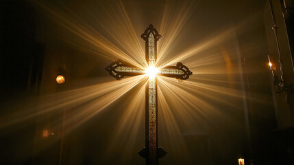 Naklejka premium A Sacred Cross Illuminated by Divine Rays, Casting Ethereal Light and Symbolizing Faith, Hope, and Spiritual Serenity in a Tranquil, Peaceful Atmosphere