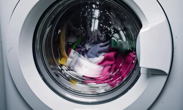 Inside a washing machine, clothes spin in soapy water.
