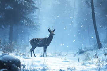 A Spotted Deer Stands in a Snowy Winter Forest