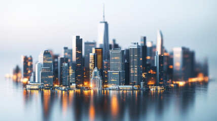 Obraz premium The New York City skyline at night, featuring lit-up skyscrapers, set against a blank white background, representing a concept of urban landscape and architectural design.