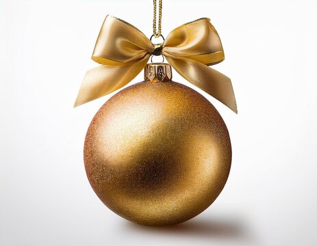 Bola de Navidad dorada brillante con lazo decorativo y enganche met&aacute;lico, sobre fondo transparente, perfecta para dise&ntilde;os elegantes y festivos