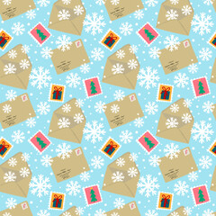 Christmas mail seamless pattern. Christmas letters and snowflakes print. Paper envelope background. For textile, wrapping paper, scrapbooking, stationary, packaging, party supplies.