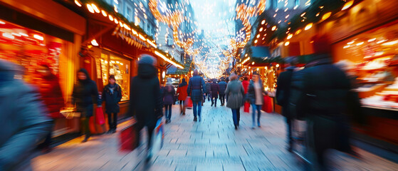 Obraz premium Busy Christmas Market with Shoppers and Festive Lights