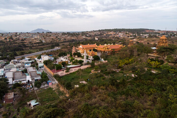 Buu Son Buddhist Temple near the Poshanu or Po Sahu Inu Cham Tower in Phan Thiet city in Vietnam, top view, aerial view