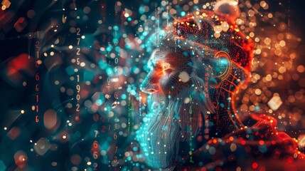 A side-profile of Santa Claus, rendered with a cybernetic and digital theme. Santa face is illuminated with abstract light patterns, neon circuits, and streaming binary code