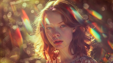 Portrait of a young woman bathed in warm, golden sunlight, with vibrant rainbow-like light flares surrounding her. Her gentle expression and soft freckles add a natural, ethereal beauty