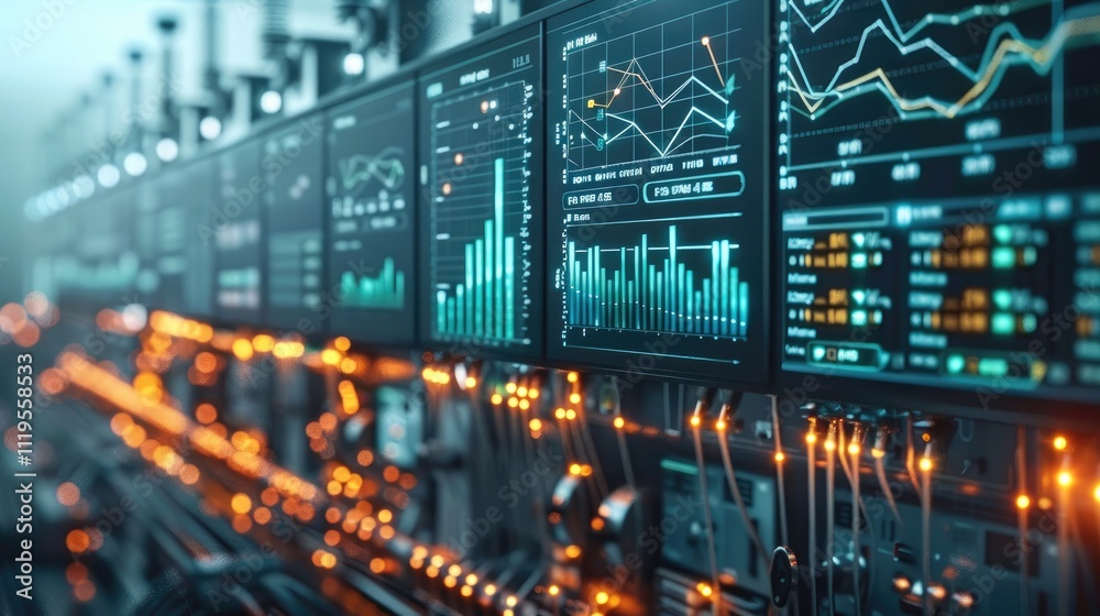 Aufkleber A modern energy grid simulation, peak power demand and sustainability metrics displayed on holographic monitors, professionals analyzing data.