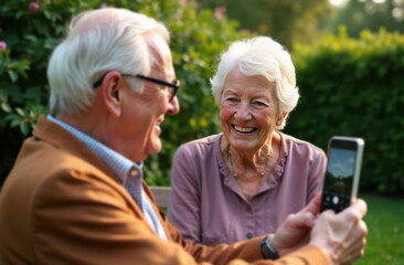 Obraz premium Elderly couple enjoying outdoor moments with smartphone