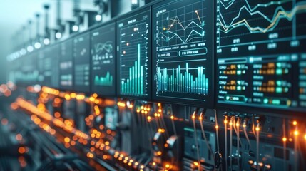 A modern energy grid simulation, peak power demand and sustainability metrics displayed on holographic monitors, professionals analyzing data.