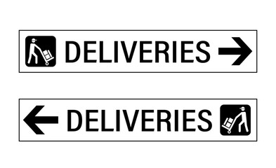 Fototapeta premium Two delivery entrance sign, one with arrow pointing left, the other ponting right, with silhouette of deliveryman and text. Long horizontal shape. 