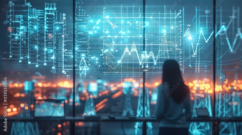 Poster a modern energy grid simulation, peak power demand and sustainability metrics displayed on holograph