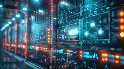 Obraz premium A modern energy grid simulation, peak power demand and sustainability metrics displayed on holographic monitors, professionals analyzing data.