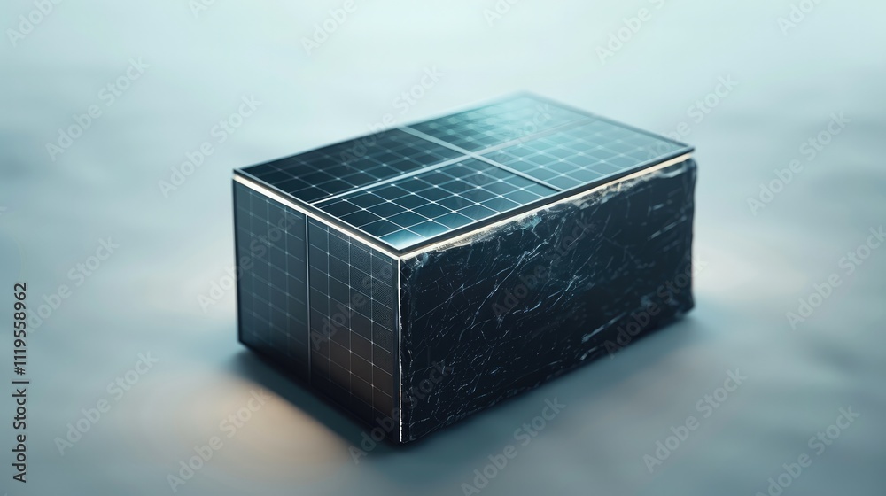 Poster A black rectangular prism with a sense of virtual future technology, composed of light, covered with solar panels on the surface, and a white background.