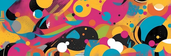 Wide abstract colorful art paint retro 90s background wallpaper with artistic shapes	
