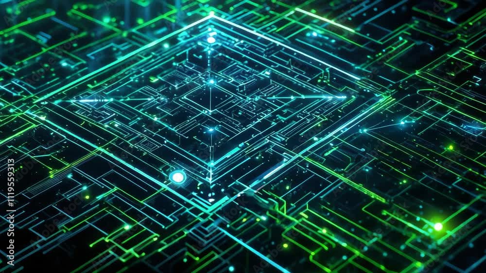Poster complex quantum computer is processing a data stream. the camera is slowly approaching a bright cube