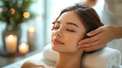 Close-up of a young woman enjoying a rejuvenating scalp massage with foamy soap in her hair, her eyes closed and a serene smile, surrounded by soft green tones for a calming spa vibe