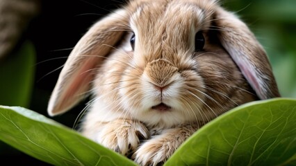 Obraz premium Fluffy Baby Bunny Nibbling Leaf with Tiny Whiskers and Fur