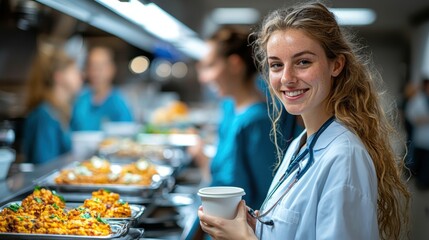 Cheerful nurse holding a cup in a hospital cafeteria, with trays of freshly prepared meals in the background, symbolizing care and hospitality.