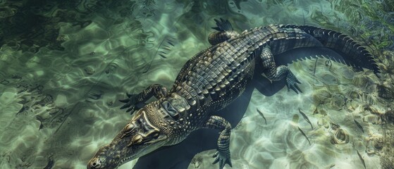 A crocodile basks in crystal-clear waters, showcasing the primal beauty and mystery of nature’s wild, untouched habitats.