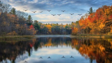 Aerial View of a Tranquil Autumn Lake with Vibrant Orange Foliage, Reflecting Colorful Trees and Birds, Creating a Serene and Picturesque Landscape