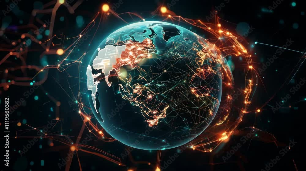 Poster planet earth rotating surrounded by network of connections and data. perfect background for topics l
