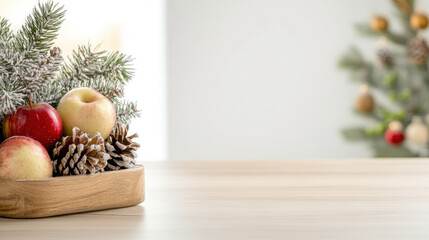 Brown theme festive copy space with apples in basket for christmas
