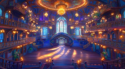 Obraz premium A grand, ornate hall with elegant architecture, warm lighting, and lush greenery.