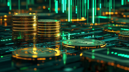 Stacks of Digital Coins on a Futuristic Cryptocurrency Platform