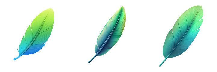 Set of A 3D illustration of a green and blue gradient feather, isolated on a,PNG format Background. Generative AI,