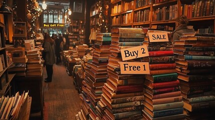 Cozy bookshop featuring unique sale offer with people browsing through shelves