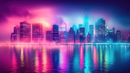 Fototapeta premium Neon-lit cityscape at night reflecting on calm water.
