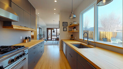 Modern Kitchen Design with Wooden Countertops, Stainless Steel Appliances, Natural Light, Minimalistic Style, Open Space, and Contemporary Decor