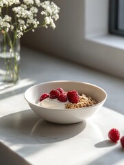 A bowl of yogurt topped with raspberries and granola, set on a sunlit surface.