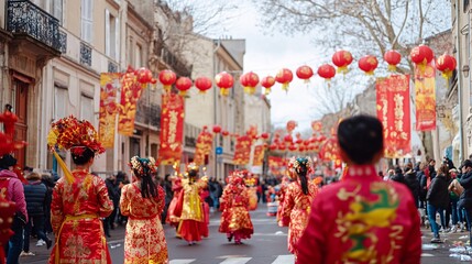 Naklejka premium Festive Street Celebration with Lanterns and Colorful Performers